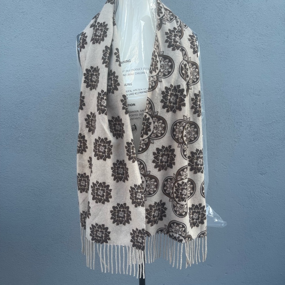 Amicale Cashmere Floral Scarf in Cream and Brown - Picture 1 of 8